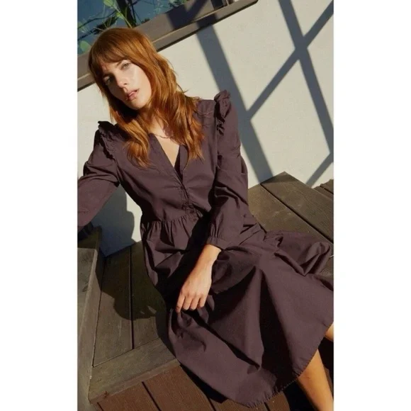 Nation LTD Dalia Victorian Midi Dress in Swashbuckle Brown - Picture 2 of 8